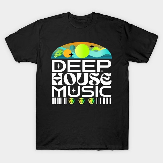 DEEP HOUSE  - Orbs And Stars (lime/blue/orange) T-Shirt by DISCOTHREADZ 